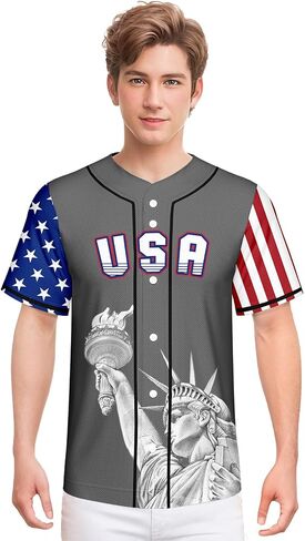 Men's American Flag Baseball Jerseys for Independence Day Red White Blue Shirts 4th of July USA Patriotic Jersey in Kuwait