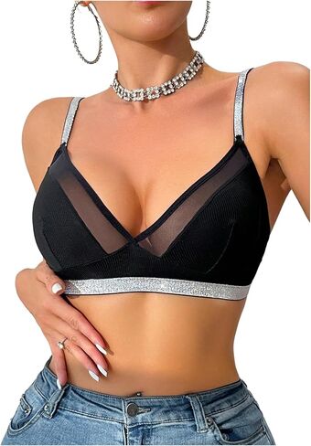 SOLY HUX Women's Sparkly Mesh Sheer Bralette Deep V Neck Sheer Wireless Bra in Saudi Arabia