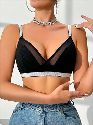 SOLY HUX Women's Sparkly Mesh Sheer Bralette Deep V Neck Sheer Wireless Bra in Saudi Arabia
