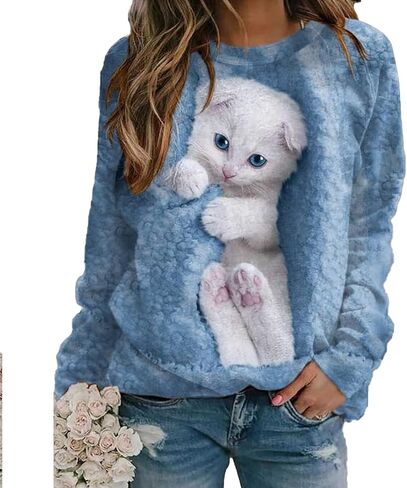 Women's Cat Print Long Sleeve Shirt Cute Casual Crewneck Pullover Top Lightweight Funny Graphic Tee in Kuwait