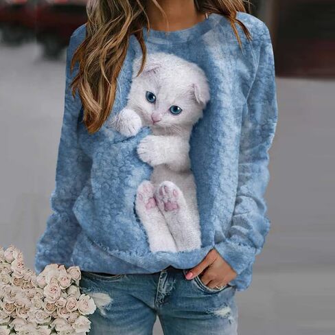 Women's Cat Print Long Sleeve Shirt Cute Casual Crewneck Pullover Top Lightweight Funny Graphic Tee in Kuwait