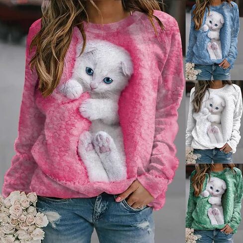 Women's Cat Print Long Sleeve Shirt Cute Casual Crewneck Pullover Top Lightweight Funny Graphic Tee in Kuwait