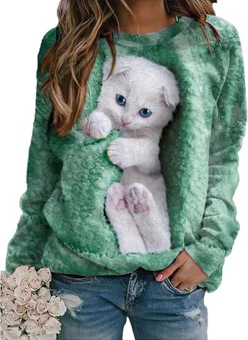 Women's Cat Print Long Sleeve Shirt Cute Casual Crewneck Pullover Top Lightweight Funny Graphic Tee in Kuwait