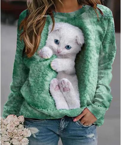 Women's Cat Print Long Sleeve Shirt Cute Casual Crewneck Pullover Top Lightweight Funny Graphic Tee in Kuwait