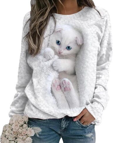 Women's Cat Print Long Sleeve Shirt Cute Casual Crewneck Pullover Top Lightweight Funny Graphic Tee in Kuwait