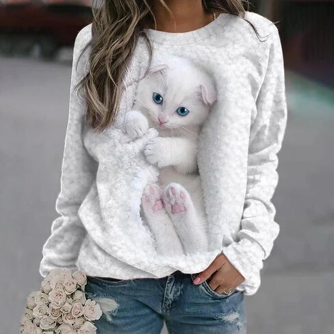 Women's Cat Print Long Sleeve Shirt Cute Casual Crewneck Pullover Top Lightweight Funny Graphic Tee in Kuwait