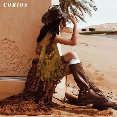 Women Suede Hand Handbag Vintage Fringe Hobo Bag Bag Bag Bag مع Hippie Western Pres in Kuwait