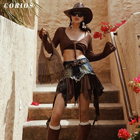 Women Suede Hand Handbag Vintage Fringe Hobo Bag Bag Bag Bag مع Hippie Western Pres in Kuwait