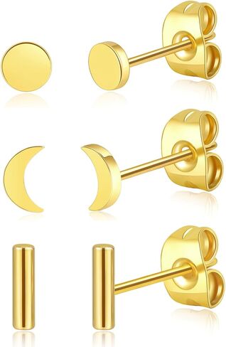 BLISI 3 Pairs Titanium Gold Stud Earrings - Hypoallergenic Moon/Heart/Ball/Bar/Flat Disc Small Studs Earrings for Women Minimalist Silver Nap Earrings Tarnish Resistant Earrings in Kuwait
