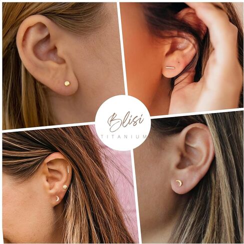 BLISI 3 Pairs Titanium Gold Stud Earrings - Hypoallergenic Moon/Heart/Ball/Bar/Flat Disc Small Studs Earrings for Women Minimalist Silver Nap Earrings Tarnish Resistant Earrings in Kuwait