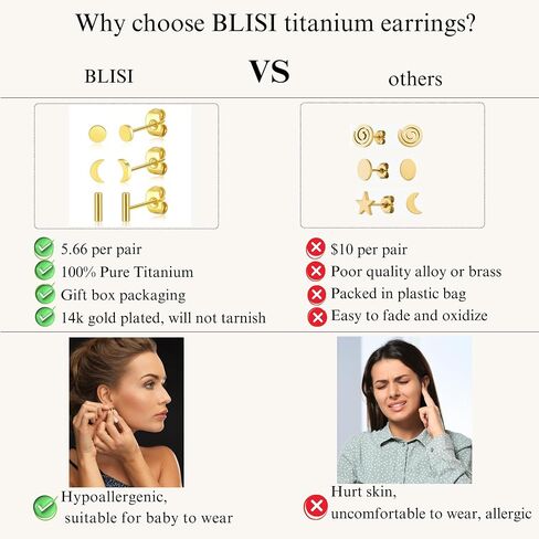 BLISI 3 Pairs Titanium Gold Stud Earrings - Hypoallergenic Moon/Heart/Ball/Bar/Flat Disc Small Studs Earrings for Women Minimalist Silver Nap Earrings Tarnish Resistant Earrings in Kuwait