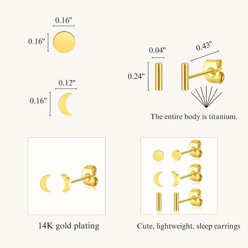 BLISI 3 Pairs Titanium Gold Stud Earrings - Hypoallergenic Moon/Heart/Ball/Bar/Flat Disc Small Studs Earrings for Women Minimalist Silver Nap Earrings Tarnish Resistant Earrings in Kuwait