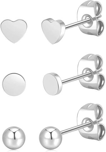 BLISI 3 Pairs Titanium Gold Stud Earrings - Hypoallergenic Moon/Heart/Ball/Bar/Flat Disc Small Studs Earrings for Women Minimalist Silver Nap Earrings Tarnish Resistant Earrings in Kuwait