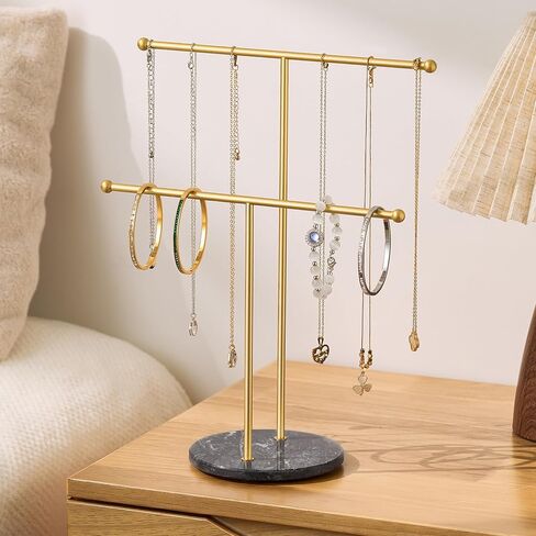 pickpiff Necklace Holder Stand: 2 Tier Jewelry Organizer with Marble Base, Gold Jewelry Tree Display for Bracelets, Rings, Earrings in Kuwait