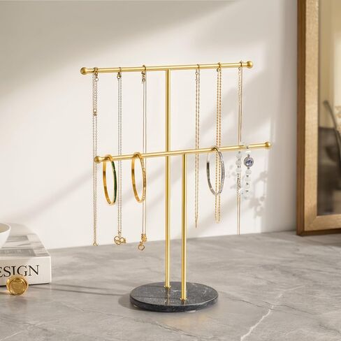 pickpiff Necklace Holder Stand: 2 Tier Jewelry Organizer with Marble Base, Gold Jewelry Tree Display for Bracelets, Rings, Earrings in Kuwait