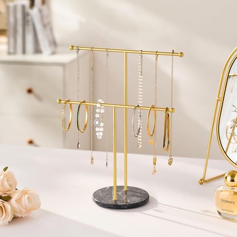 pickpiff Necklace Holder Stand: 2 Tier Jewelry Organizer with Marble Base, Gold Jewelry Tree Display for Bracelets, Rings, Earrings in Kuwait