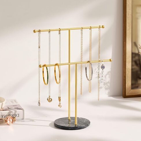 pickpiff Necklace Holder Stand: 2 Tier Jewelry Organizer with Marble Base, Gold Jewelry Tree Display for Bracelets, Rings, Earrings in Kuwait