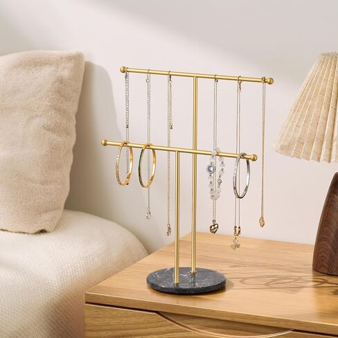 pickpiff Necklace Holder Stand: 2 Tier Jewelry Organizer with Marble Base, Gold Jewelry Tree Display for Bracelets, Rings, Earrings in Kuwait