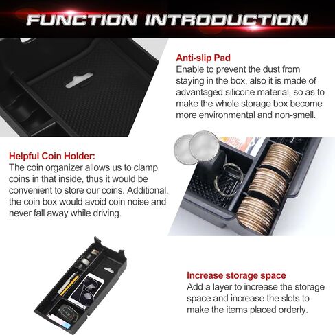 Xotic Tech Interior Center Censole Renrest Black Storage Organizer Box Coin Coin Corner Continer Tray Retray + Red Cust Coaster ، متوافق مع Mercedes Benz A B in Saudi Arabia