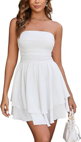 Parthea Women's Sexy Strapless Ruffle Hem Mini Dresses Ruched Waist Sleeveless A Line Tube Top Short Party Dress in Saudi Arabia