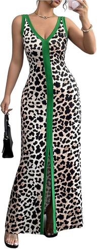 Soly Hux Women’s Leopard Maxi Dress Cheetah Print v Neck Olcyless Spult Bodycon Long Dresses in Saudi Arabia