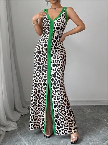 Soly Hux Women’s Leopard Maxi Dress Cheetah Print v Neck Olcyless Spult Bodycon Long Dresses in Saudi Arabia