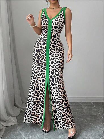 Soly Hux Women’s Leopard Maxi Dress Cheetah Print v Neck Olcyless Spult Bodycon Long Dresses in Saudi Arabia