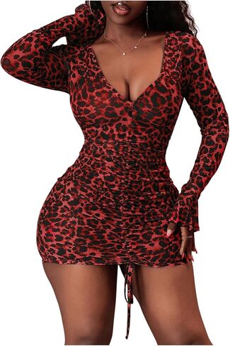 Women's Leopard Print Ruched Y2k Dresses Deep V Neck Long Sleeve Bodycon Mini Dress in Saudi Arabia