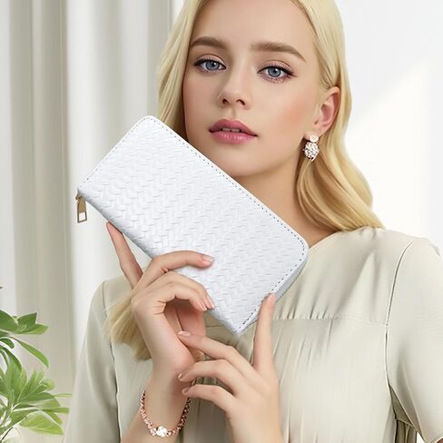 Women’s Wallet, PU Leather Weave Card Holder Ladies Large Capacity Clutch Purse with ID Window and Zipper Pocket (White) in Saudi Arabia