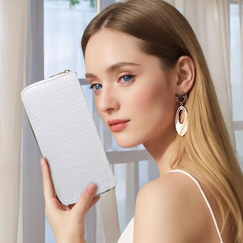 Women’s Wallet, PU Leather Weave Card Holder Ladies Large Capacity Clutch Purse with ID Window and Zipper Pocket (White) in Saudi Arabia
