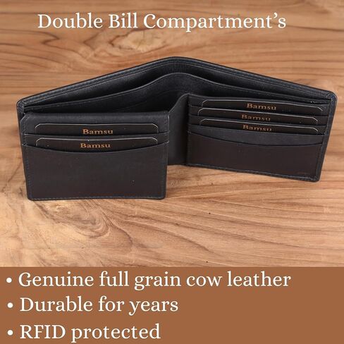 Men's Slim RFID Blocking Wallet – Top Grain Leather Bifold with 10 Card Slots, ID Window & Durable Stitching in Kuwait
