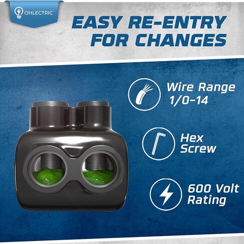 مدخل جانب واحد من OHLECTRIC - منفذان - 4-14 AWG - موصل أسود معزول - سداسي ألين مشقوق - مملوء مسبقًا بمثبط الأكسيد - طلاء الفينيل المطاطي، 6061-T6 ألومنيوم CU9AL in Kuwait