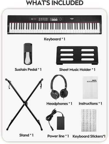 لوحة مفاتيح بيانو رقمية مع حامل - لوحة مفاتيح كهربائية كاملة الحجم مع 88 مفتاحًا شبه مرجح، دواسة مستدامة، مسند موسيقى - 900 صوت، 700 إيقاع، تصميم محمول للمبتدئين، أسود، SEP-150 in Kuwait