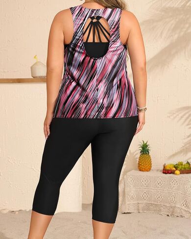 Yonique 3 قطعة بالإضافة إلى الحجم للسباحة للنساء Tankini قمم مع حمالة الصدر الرياضية و Swim Capris Athletic Bashing Suits in Saudi Arabia