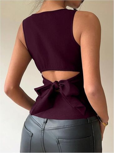 Milumia Women's Cut Out Bow Back Tie Top Top Out Out Outlesfeless Boat Neck Blouse in Saudi Arabia