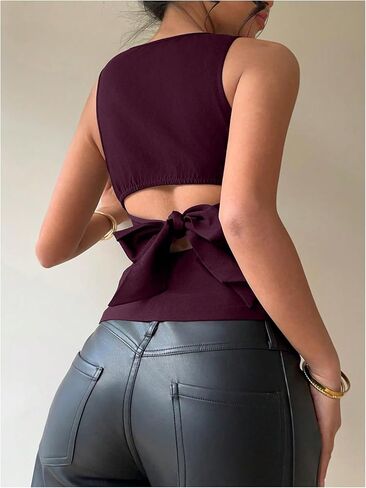 Milumia Women's Cut Out Bow Back Tie Top Top Out Out Outlesfeless Boat Neck Blouse in Saudi Arabia