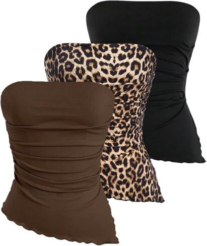 Wdirara Women's 3 Pack Leopard Print Ruched Britless Tube Top Legherical Lettuce Trim Bandeau Tops in Saudi Arabia