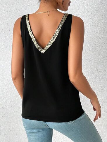 Wdirara Women's Glitter equins Color Block Take Top V Neck Slim Fit Fit Party Party Tops Clubwear in Saudi Arabia