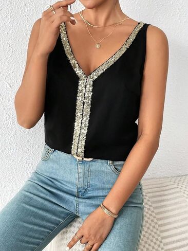 Wdirara Women's Glitter equins Color Block Take Top V Neck Slim Fit Fit Party Party Tops Clubwear in Saudi Arabia