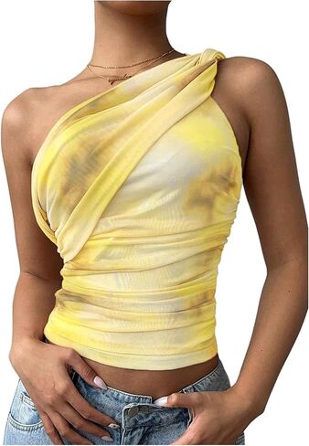 SOLY HUX Women's One Shoulder Crop Tops Y2K Tie Dye Ruched Sleeveless Club Festival Concert Going Out Top in Saudi Arabia