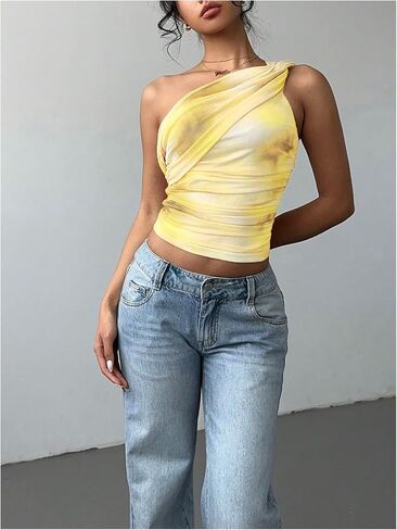 SOLY HUX Women's One Shoulder Crop Tops Y2K Tie Dye Ruched Sleeveless Club Festival Concert Going Out Top in Saudi Arabia