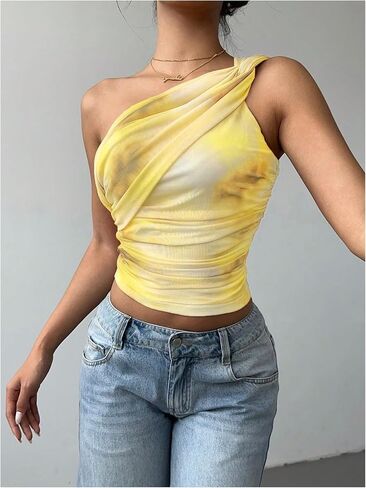 SOLY HUX Women's One Shoulder Crop Tops Y2K Tie Dye Ruched Sleeveless Club Festival Concert Going Out Top in Saudi Arabia