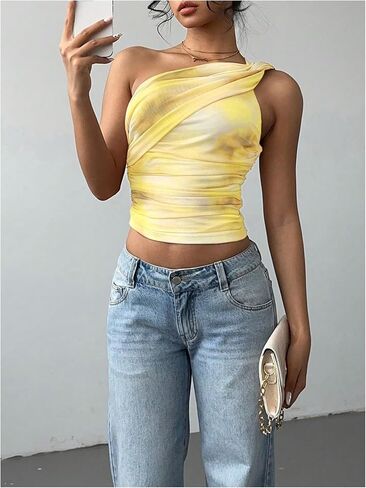 SOLY HUX Women's One Shoulder Crop Tops Y2K Tie Dye Ruched Sleeveless Club Festival Concert Going Out Top in Saudi Arabia
