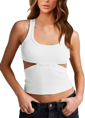 Fanway&EC Women's Sexy Cut Out Crop Top Casual Sleeveless Ribbed Knit Summer Cami Tank Tops in Kuwait