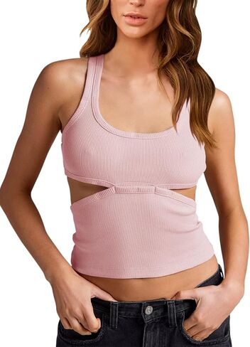 Fanway&EC Women's Sexy Cut Out Crop Top Casual Sleeveless Ribbed Knit Summer Cami Tank Tops in Kuwait