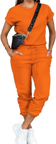 PINSV Women's 2 Piece Outfits Tracksuit Sets Short Sleeve Tops Jogger Pants with Pockets Orange 2XL in Saudi Arabia