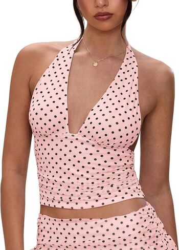 Zaful Women Women Halter Crop Tank Tops Y2K V Neck Olcyveless Cami Tops Ruched Slim Fit Out Out Top in Kuwait