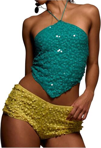 MakeMeChic Women's Sequin Sparkly Halter Crop Tops Tie Backless Fitted Tank Clubwear in Saudi Arabia