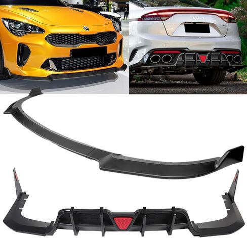 Front Bumper Lip Spoiler with Rear Diffuser Compatible with 2018-2023 Kia Stinger GT-Line, Rear Bumper Lip Diffuser Spoiler Splitter Kit (Painted Black Lip + Painted Black Rear Diffuser Smoke LED) in Saudi Arabia