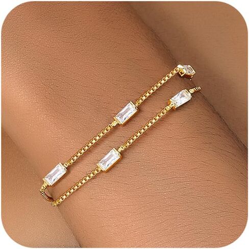 Ritach Birthstone Bracelet for Women 14K Gold Plated Dainty Double Layers Stackable Green Bulue Cubic Zirconia Charm Link emerald Bracelet for Valentines Day Birthday Gifts for Her Jewelry in Kuwait